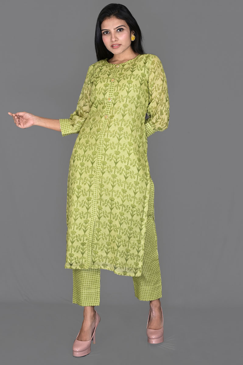 Mehandish Green Floral Print Linen Kurti with Pants
