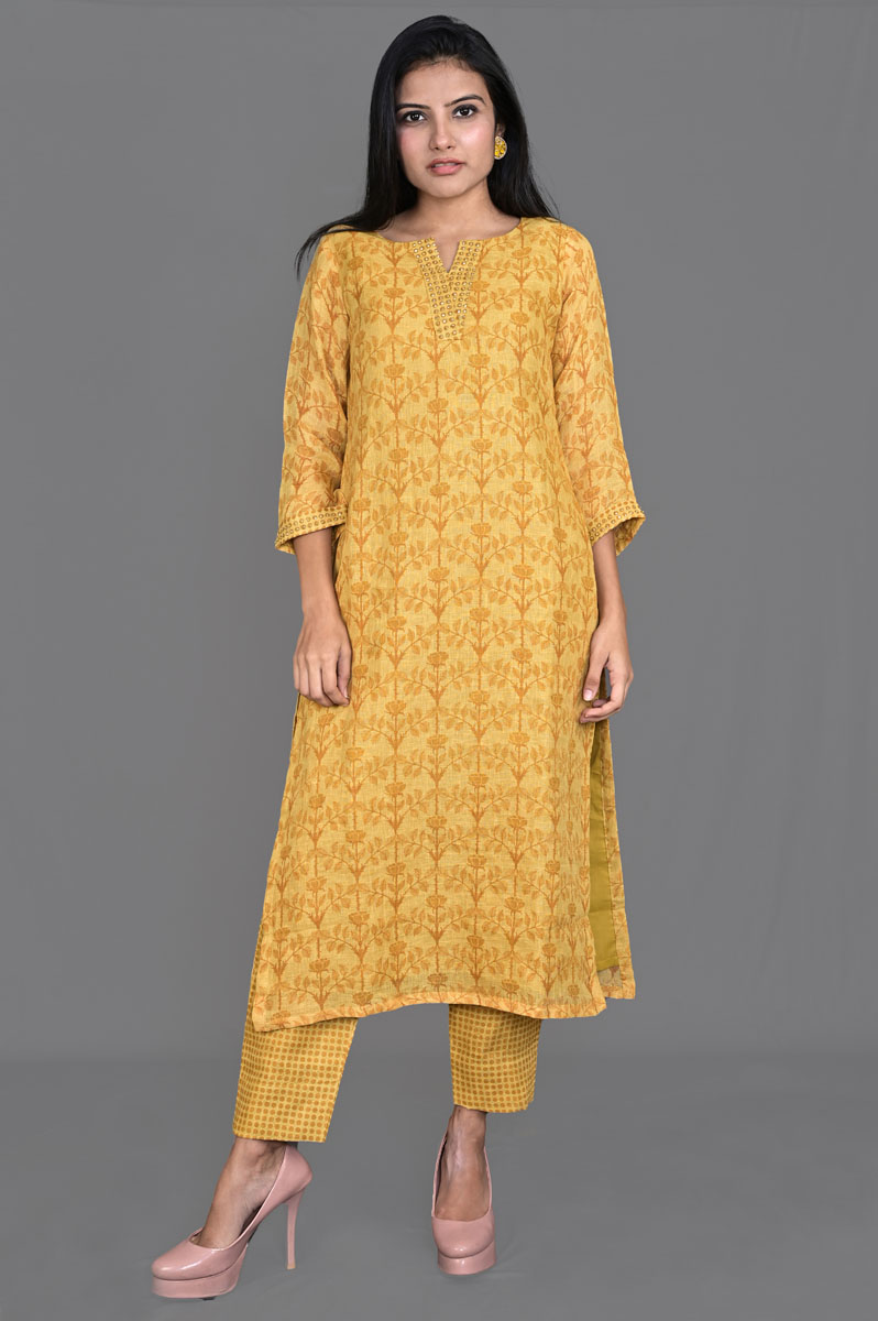 Orangish Yellow Floral Print Linen Kurti with Pants