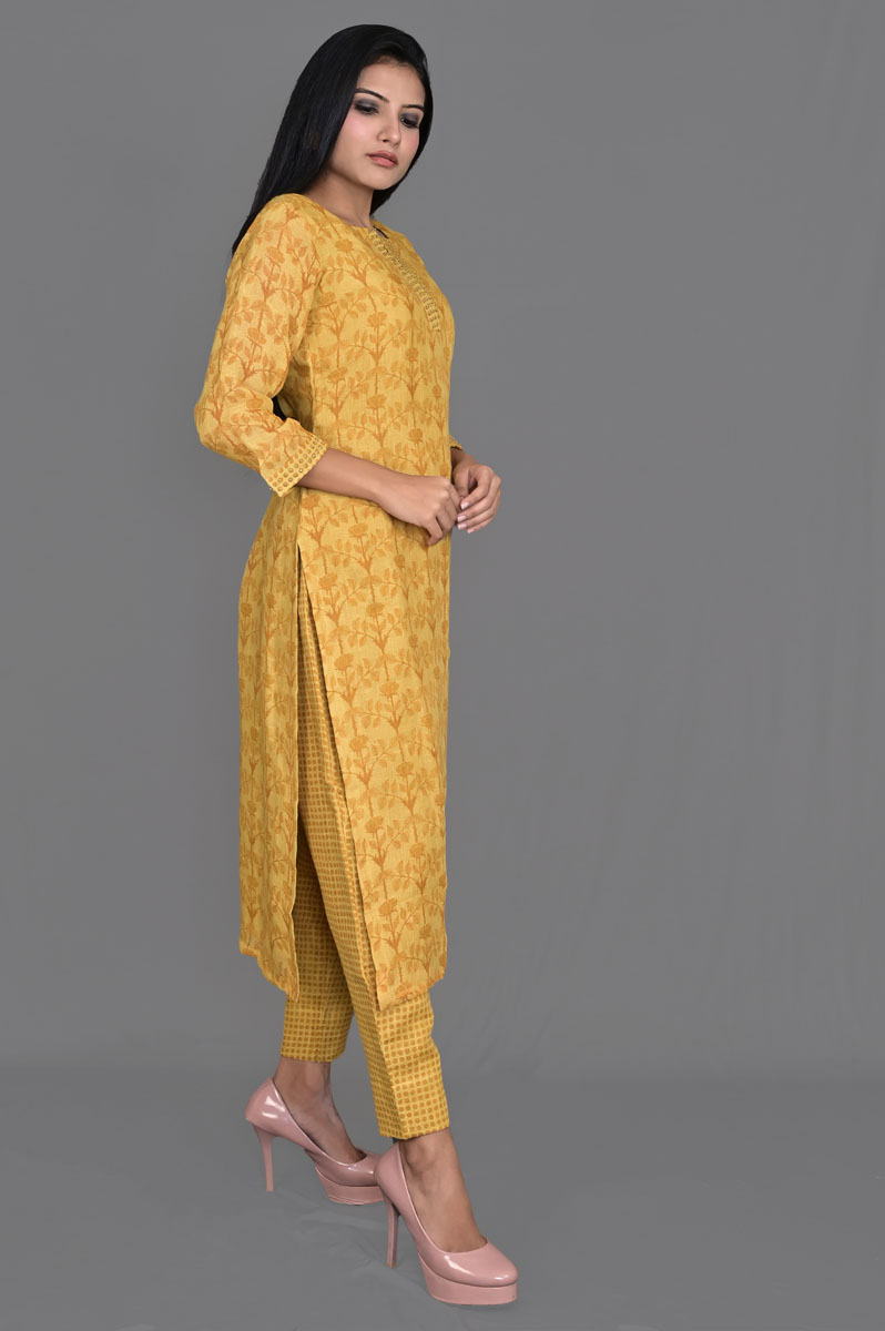 Orangish Yellow Floral Print Linen Kurti with Pants