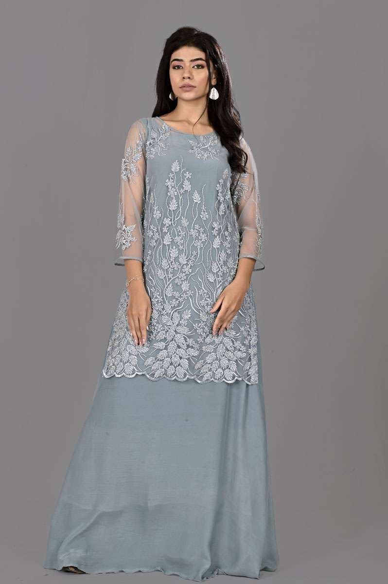Light Turquoise Embroidered Cape Gown