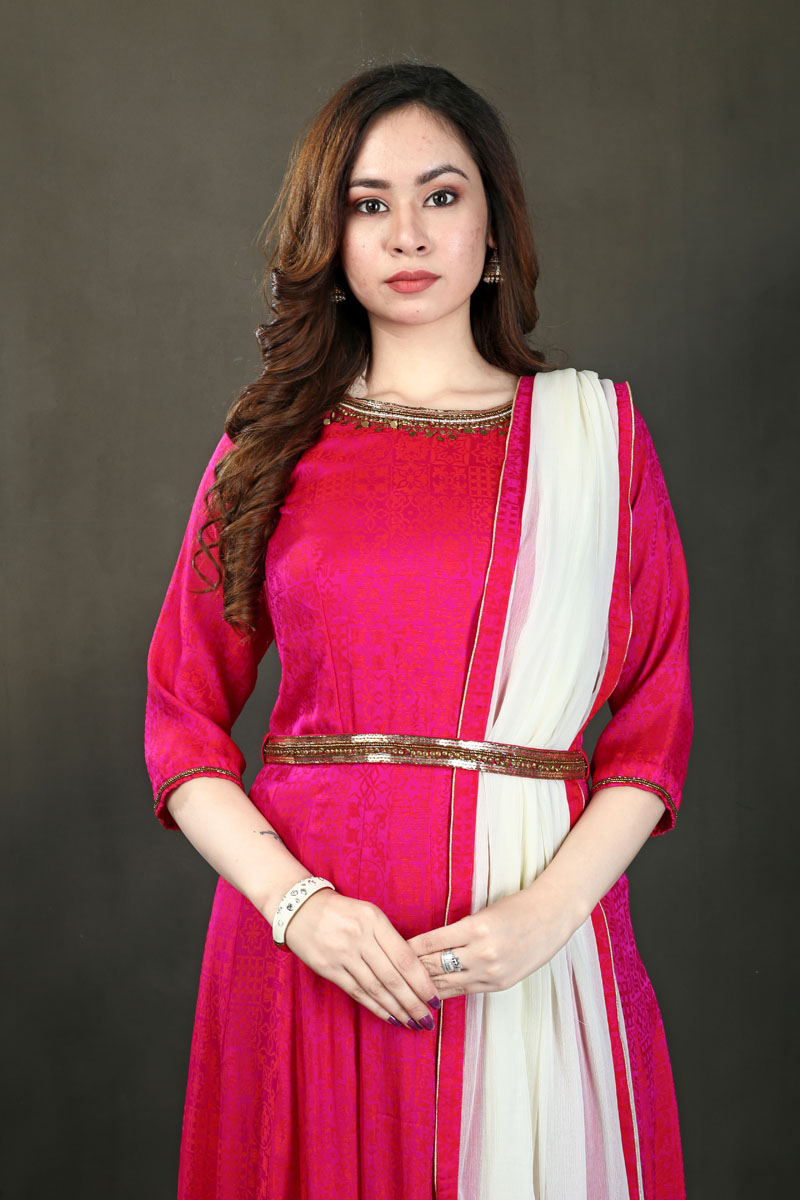Magenta Pink Jacquard Anarkali Dress with Dupatta