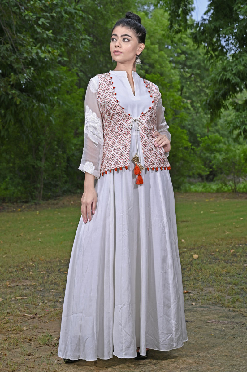 White Anarkali Dress with White-Rust Jacket