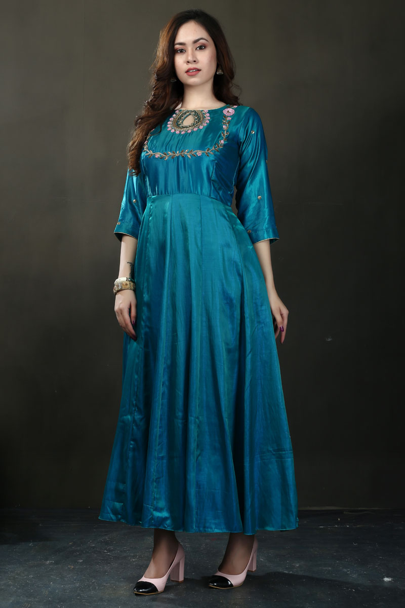 Turquoise Blue Embroidered Anarkali with Jacquard Silk Dupatta