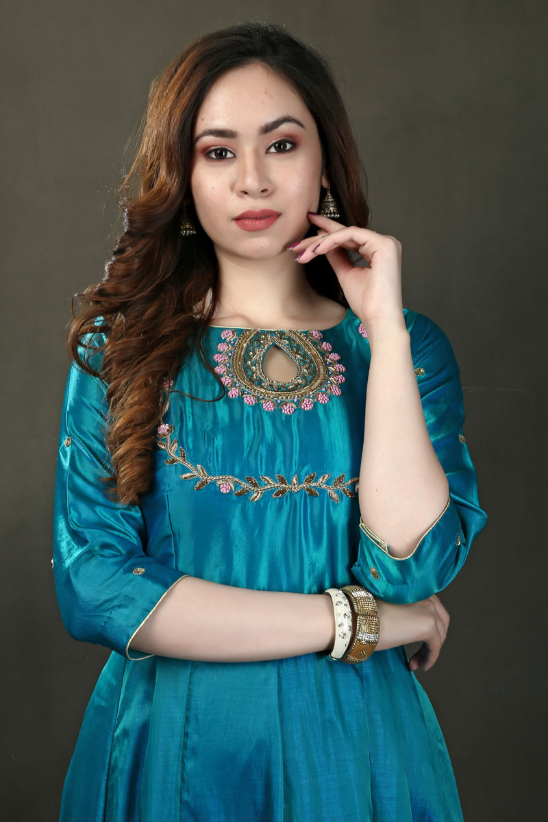 Turquoise Blue Embroidered Anarkali with Jacquard Silk Dupatta