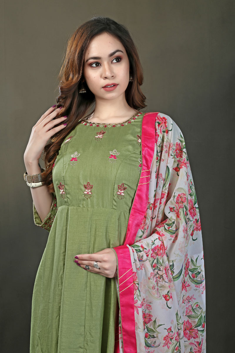 Mehndi Green Cotton Silk Anarkali with Dupatta