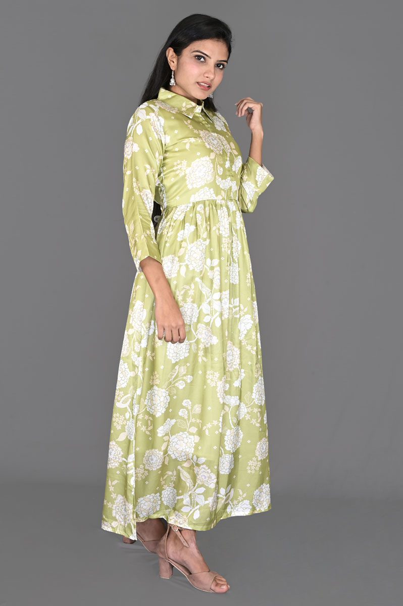 Parrot Green Floral Print Satin Dress