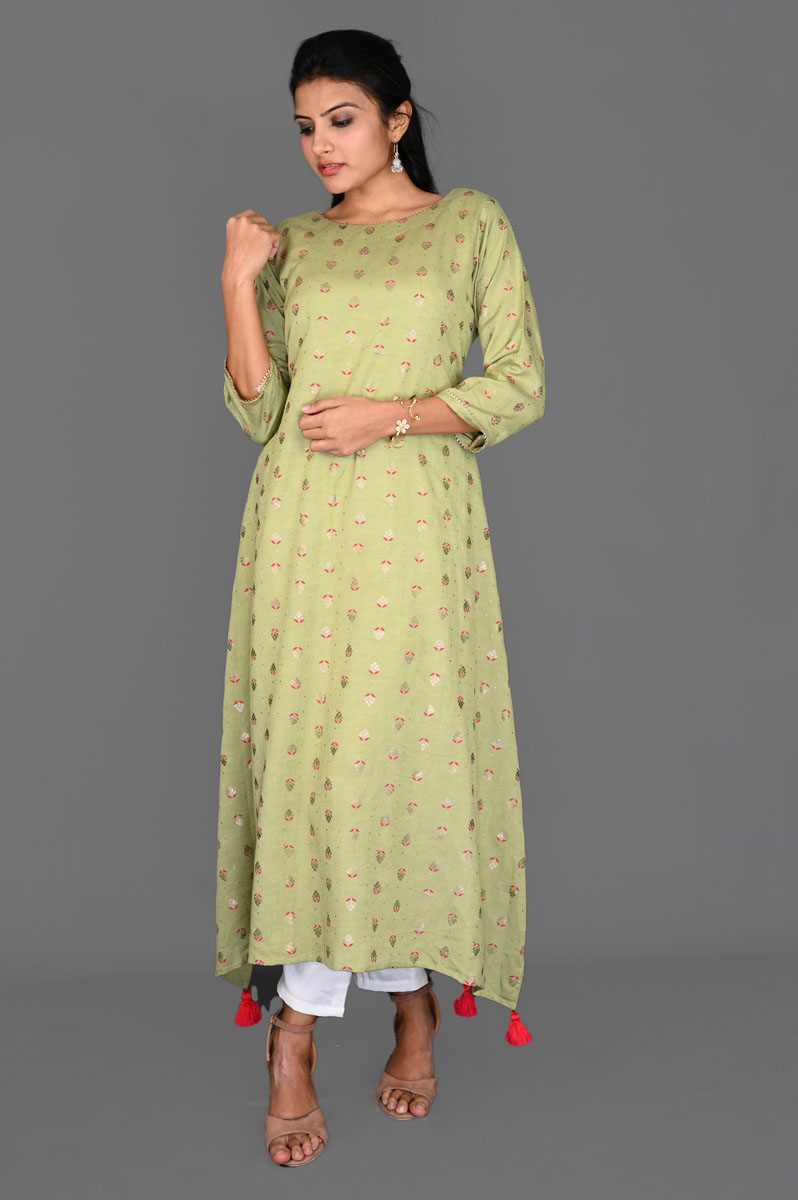 Parrot Green with Red Floral Butti Aline Dress