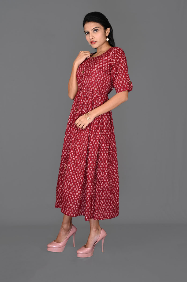 Red Floral Butti Print Aline Dress