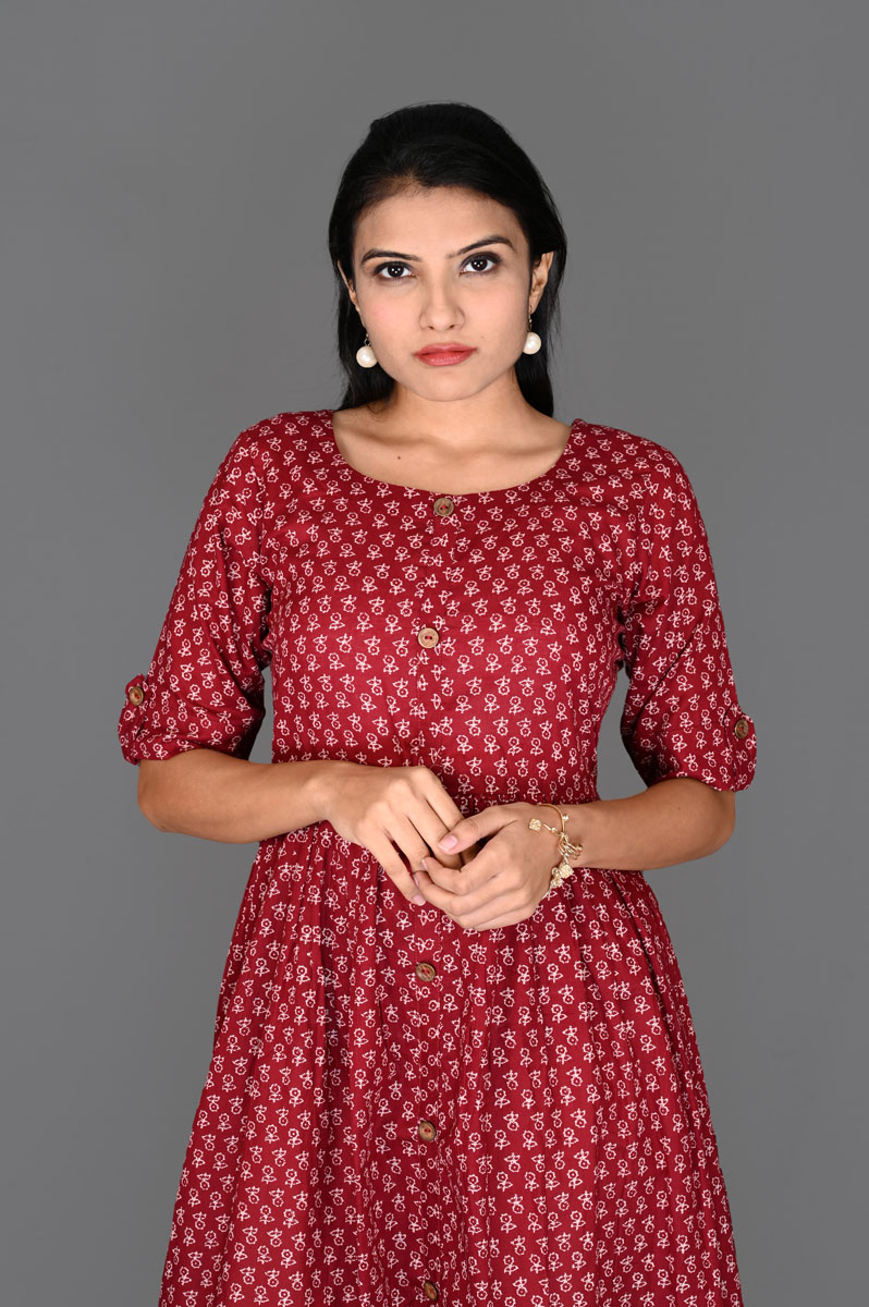 Red Floral Butti Print Aline Dress