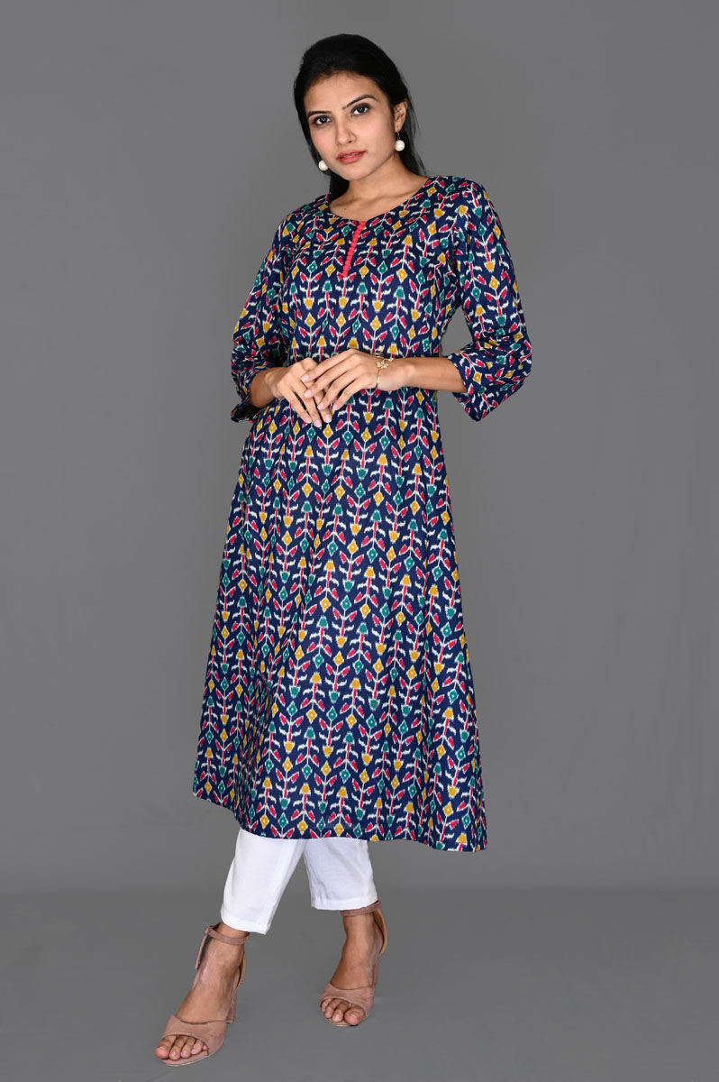 Navy Blue Multi Floral Print Rayon Aline Dress