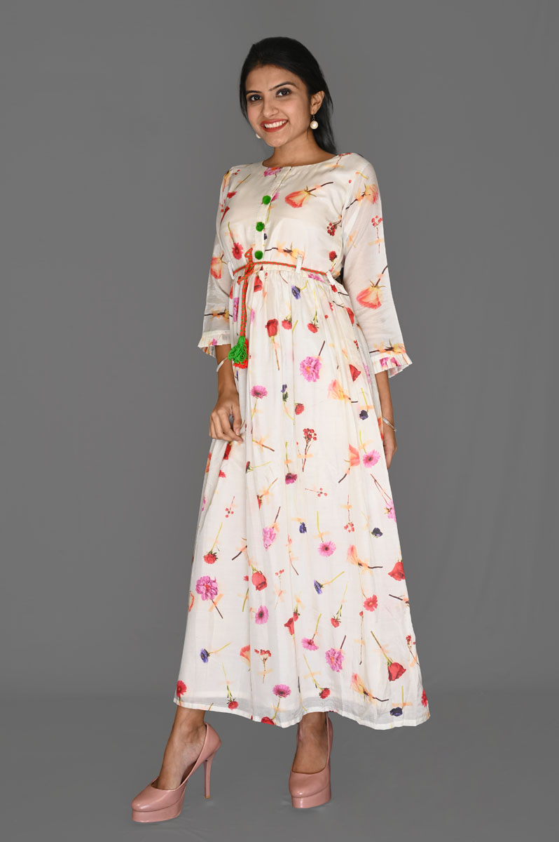 White Multi-Color Floral Print Aline Dress