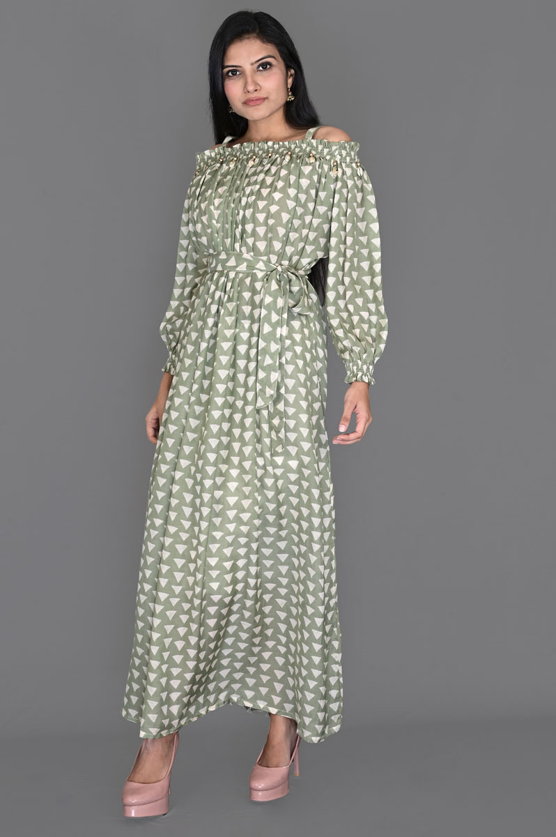 Green Triangle Print Gather Dress with Belt