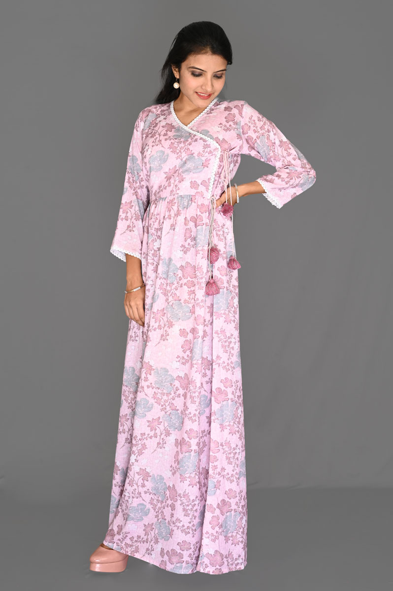 Pink with Sky Blue Floral Print Rayon Angarakha Flare Dress
