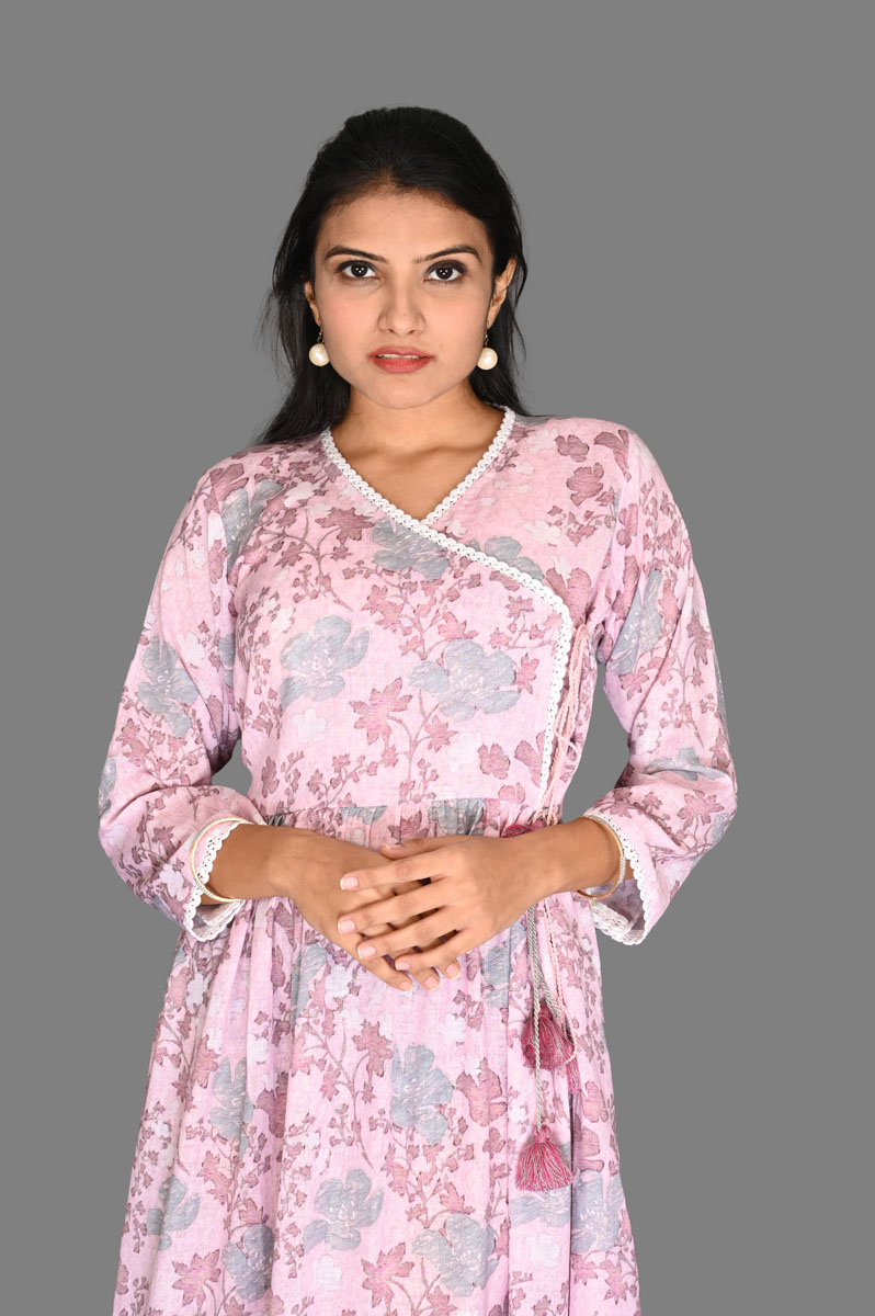 Pink with Sky Blue Floral Print Rayon Angarakha Flare Dress