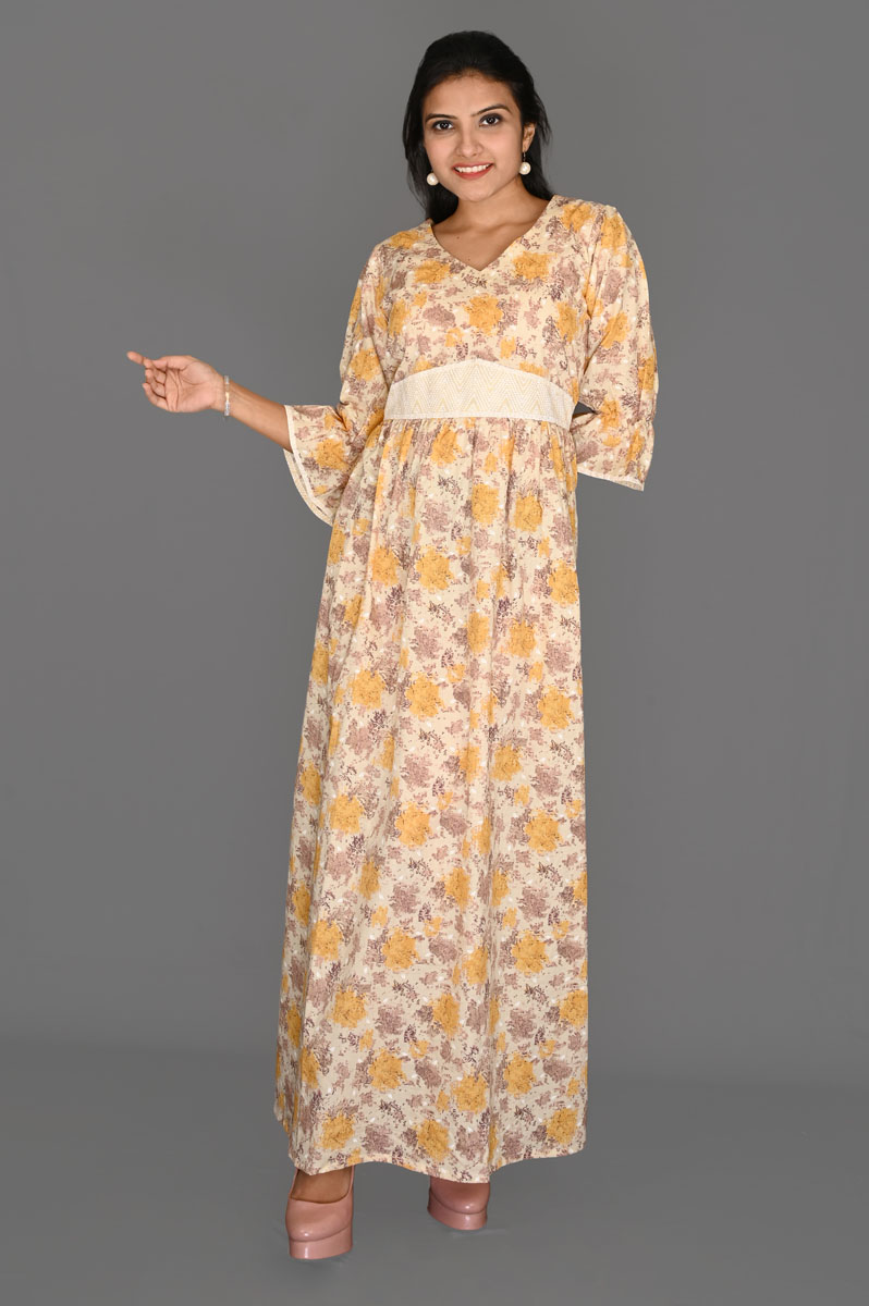 Cream Color with Yellow Grey Floral Aline Dress