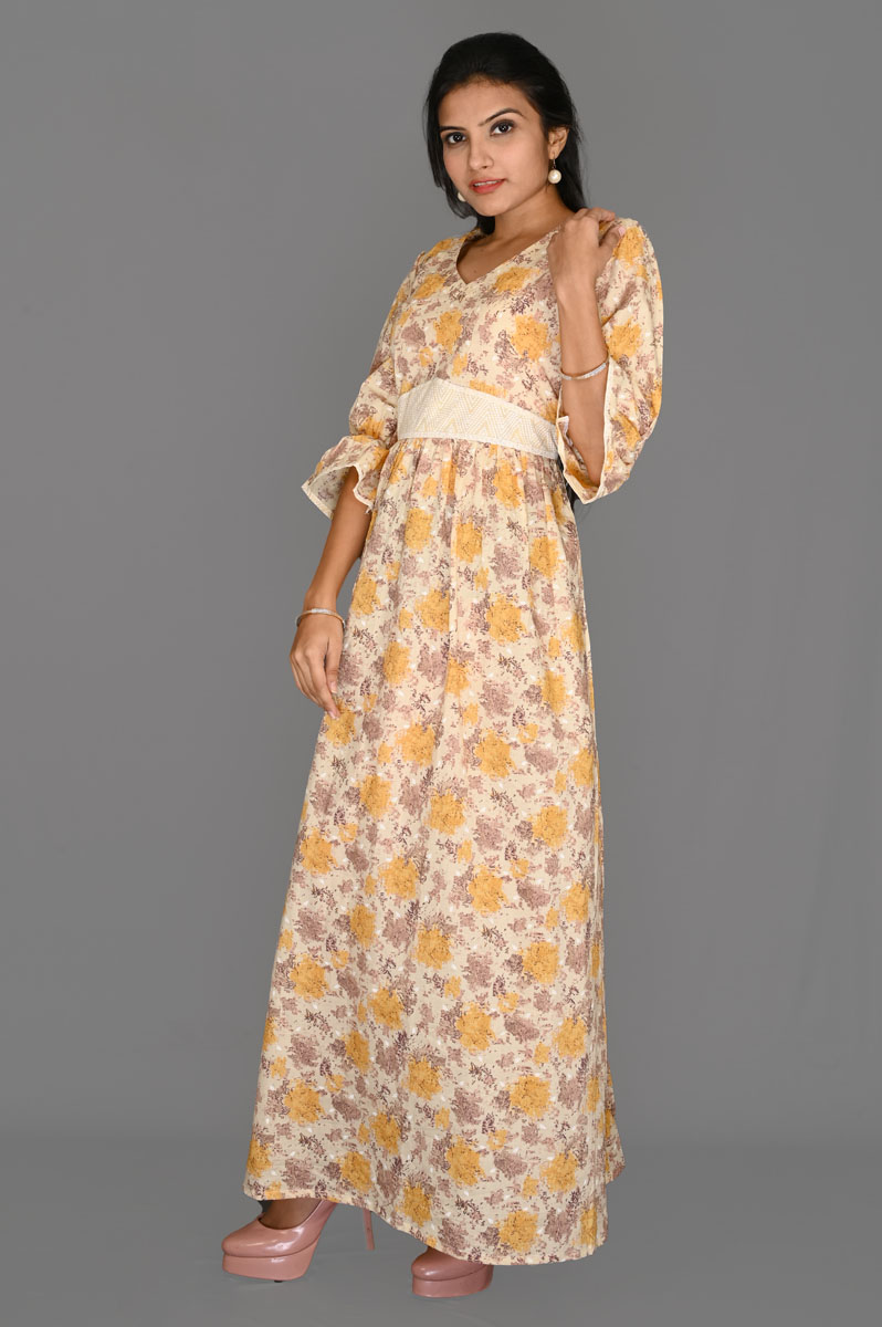 Cream Color with Yellow Grey Floral Aline Dress