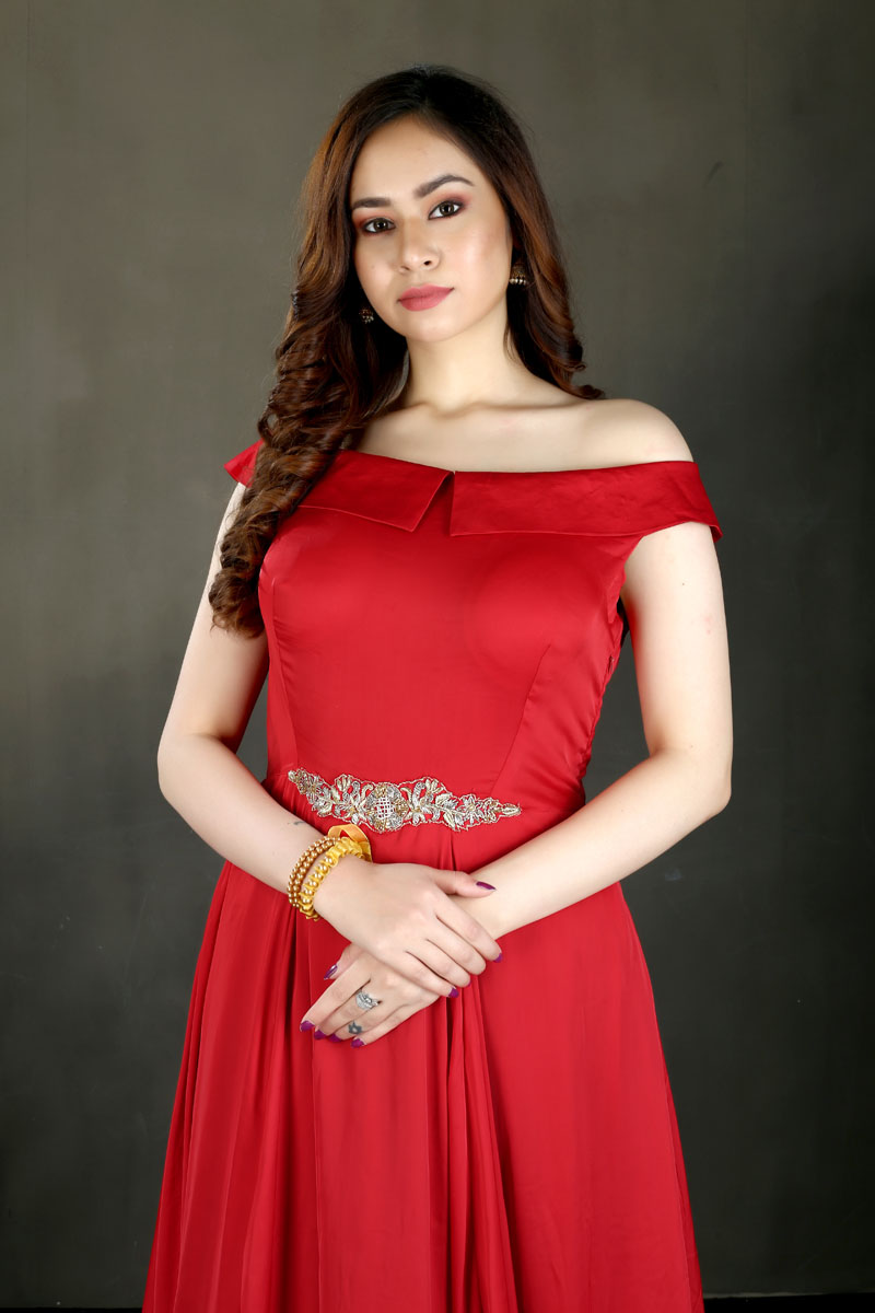 Red Satin Chinon Off-Shoulder Collar Gown
