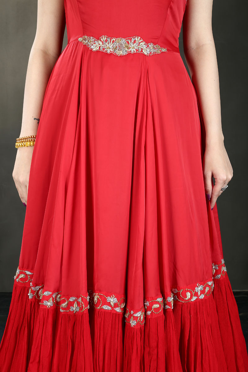 Red Satin Chinon Off-Shoulder Collar Gown