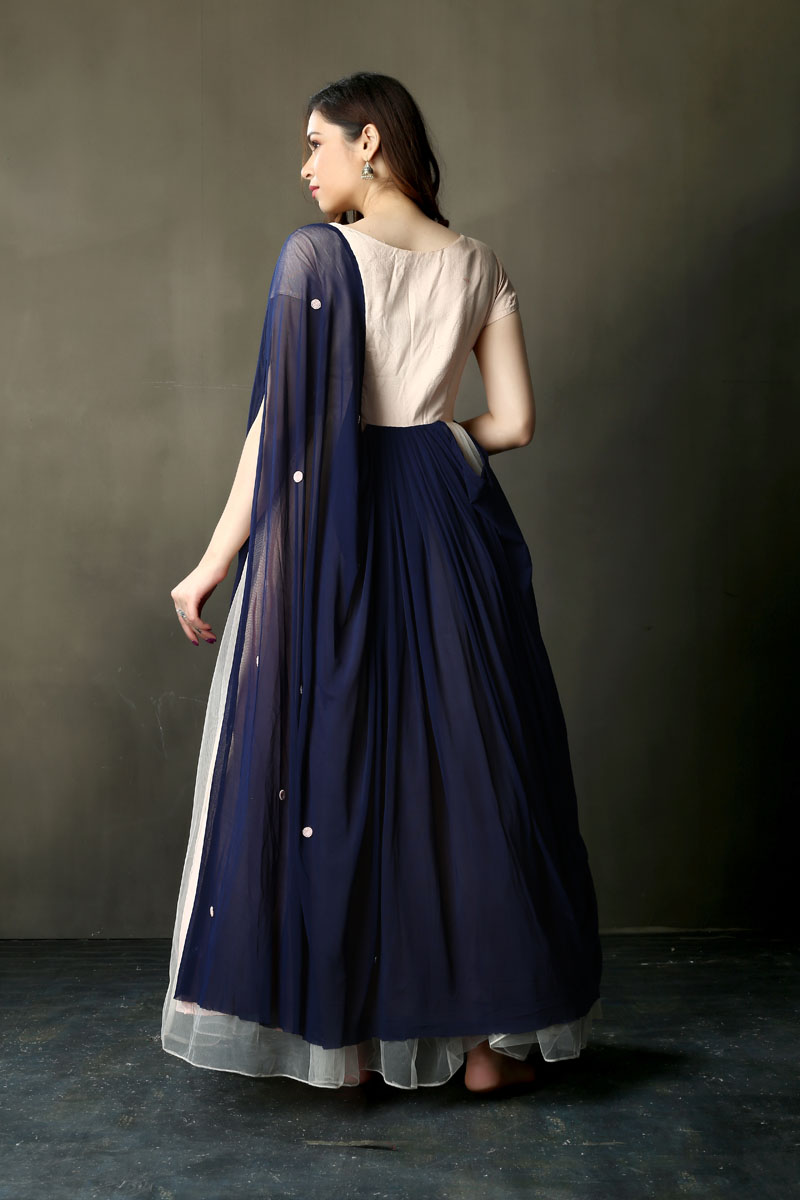 Peach - Navy Blue Tulle Gown