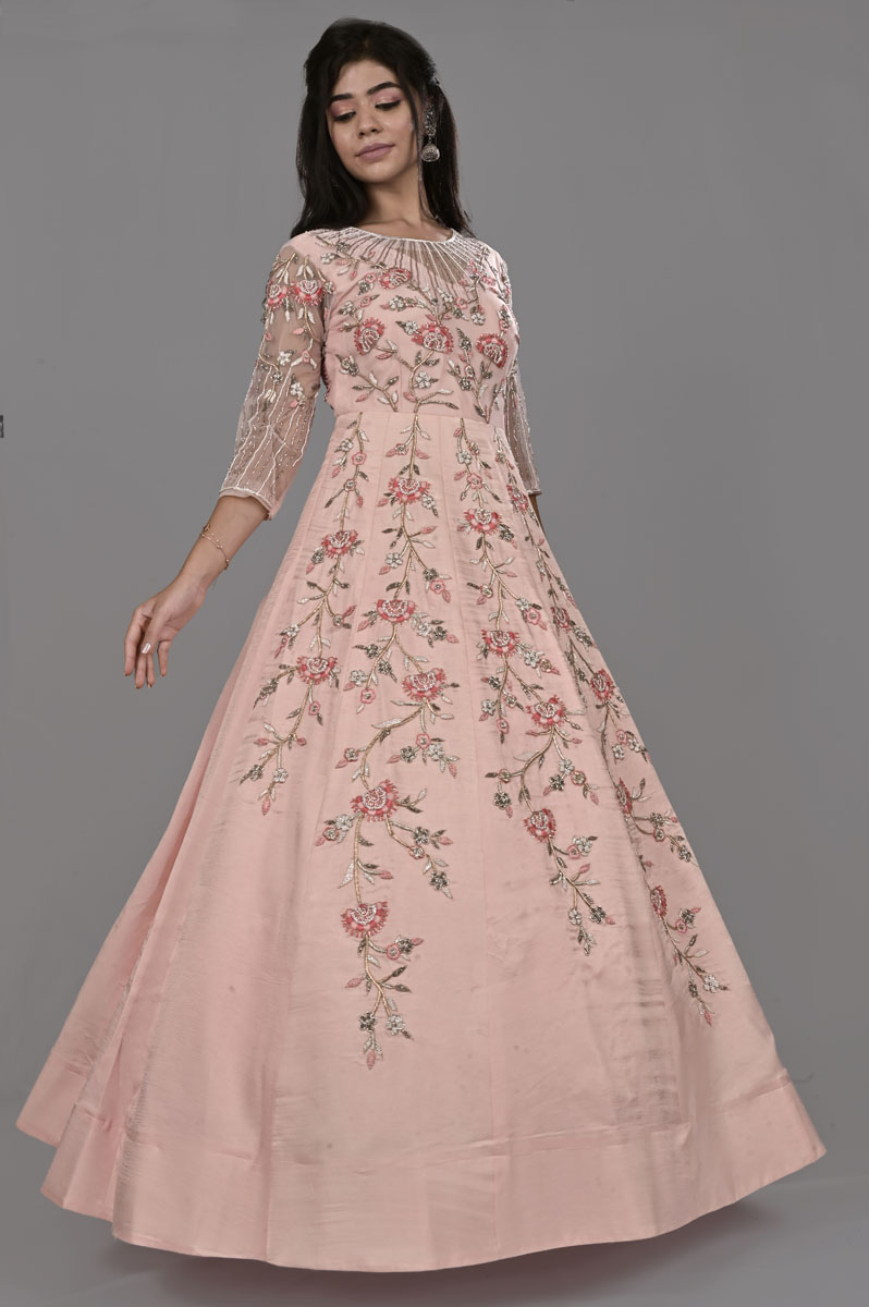 Baby Pink Velvet Silk Bridal Gown