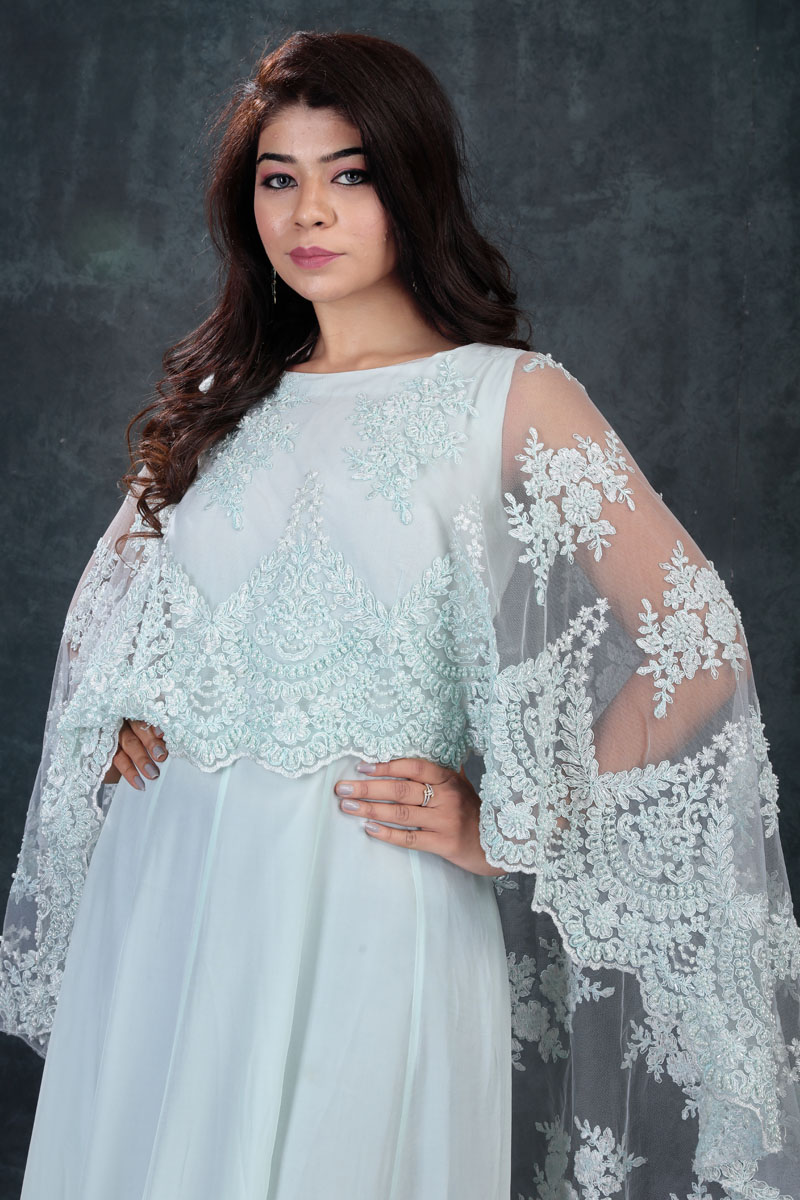 Light Turquoise Embroidered Cape Gown