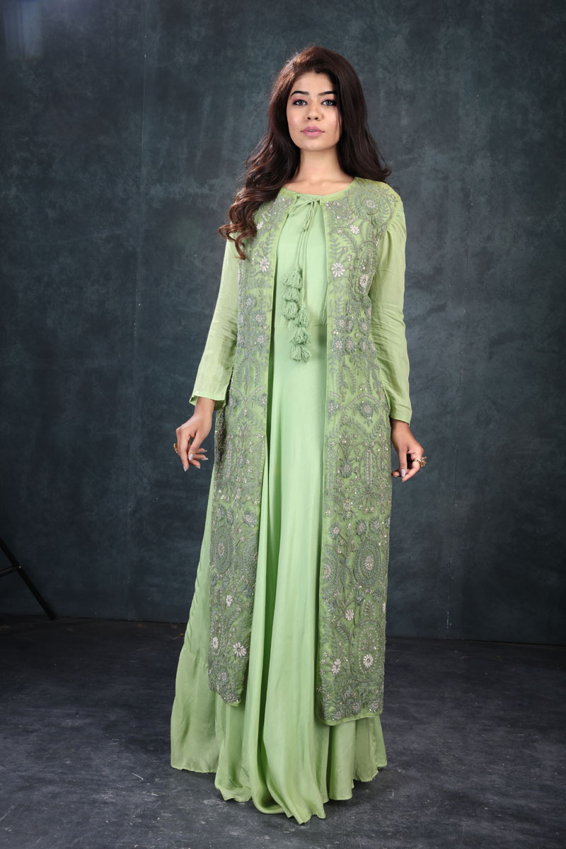 Parrot Green Dress with Thread Work Jacket