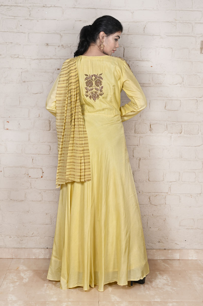 Yellow Zardosi Drape Dress