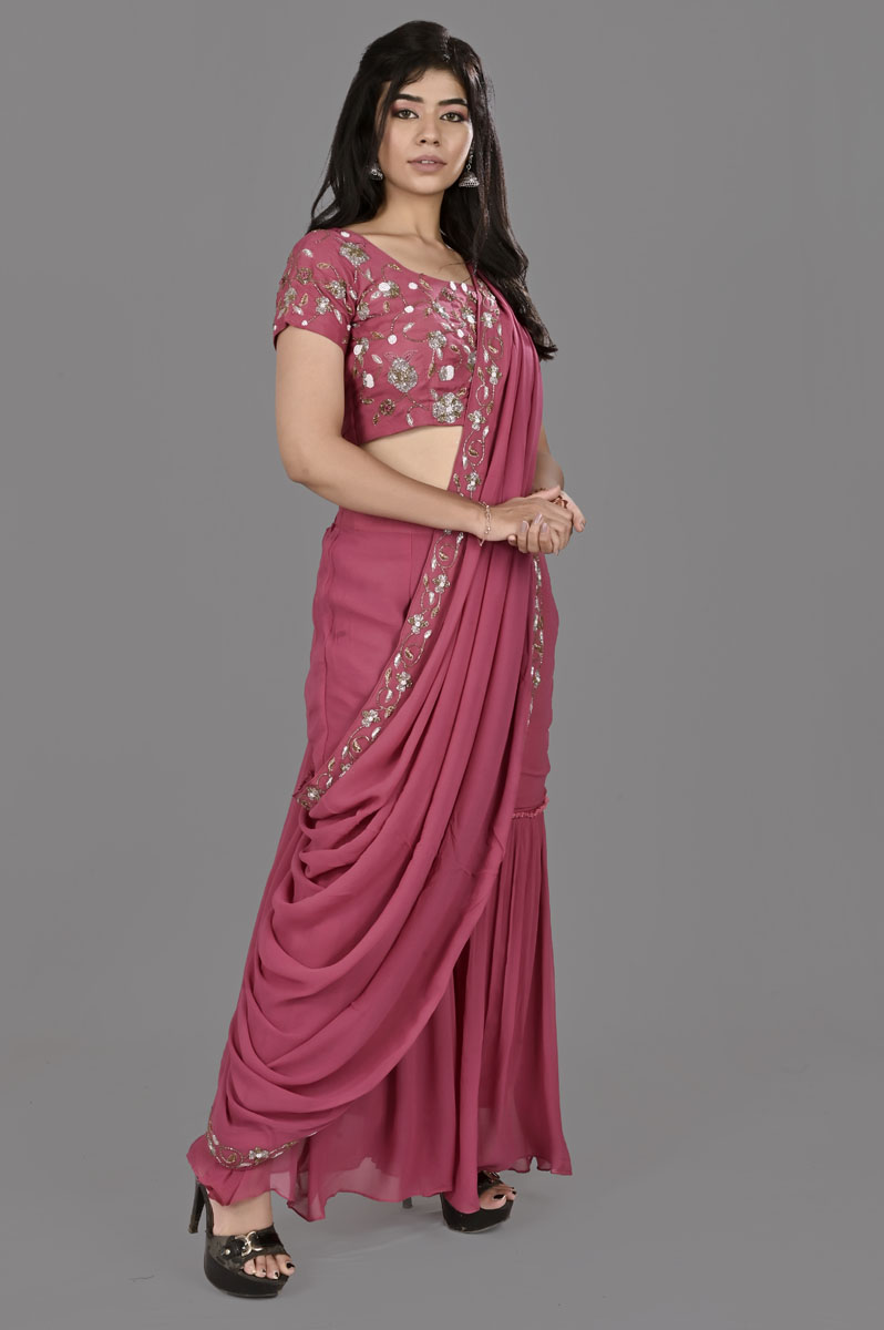 Pink Sharara Saree (Blouse, Sharara & Dupatta)