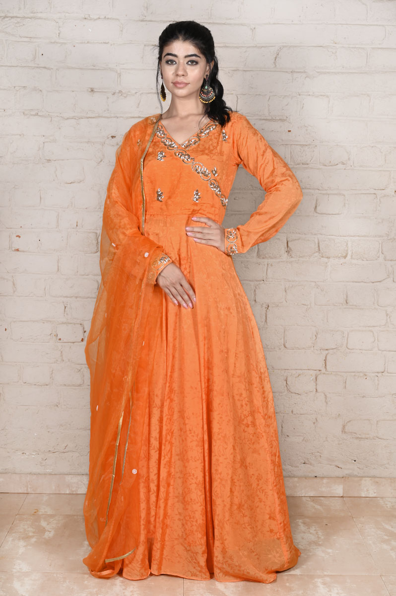 Orange Jacquard Weave Anarkali with Dupatta