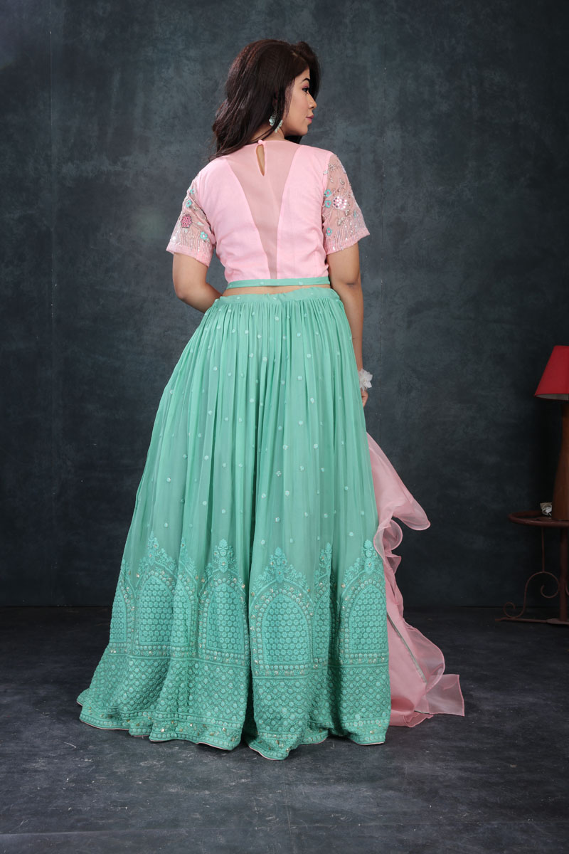 Pink-Turquoise Threadwork Lehenga Set
